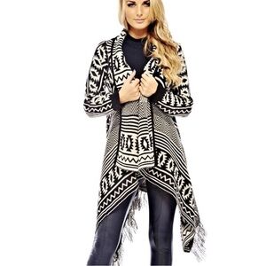 Boho Aztek South Western Inspired Black White LongSleeve Openfront Cardigan ML